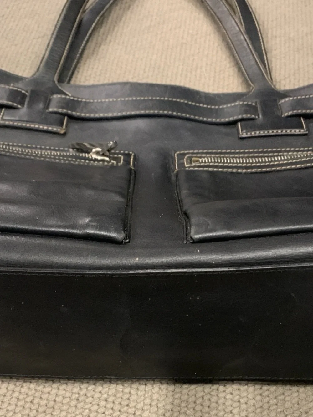 Vintage Gucci Large Soft, Black, Leather Tote with Front Zip Pockets.